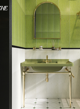 仪奢草绿色卫生间复古洗脸盆家用支架洗手台盆阳台落地式洗漱台池