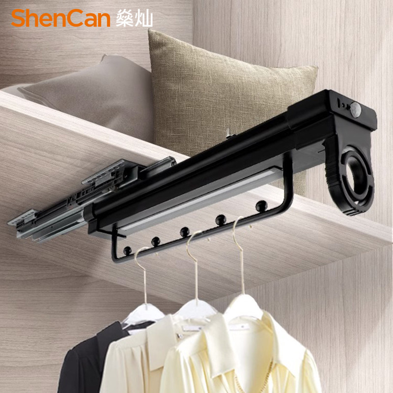 抽拉裤架带灯内置衣柜顶装挂衣杆伸缩滑轨衣帽间裤子收纳推拉厂家
