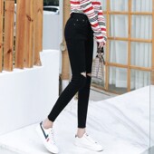 2024秋季 黑色破k洞牛仔小脚裤 女生小个子1米5八分显瘦显高弹力紧