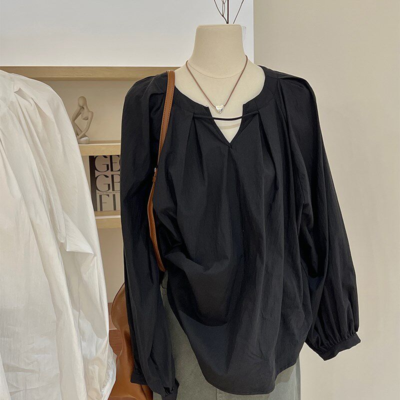 法式衬衣女设计感小众p轻熟高级z感 压褶v领宽松长袖气质娃娃衫上