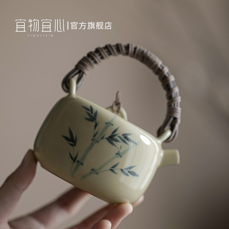 家用仿古手绘小号茶壶手工陶瓷泡茶家用提梁壶单壶一人用红茶茶具