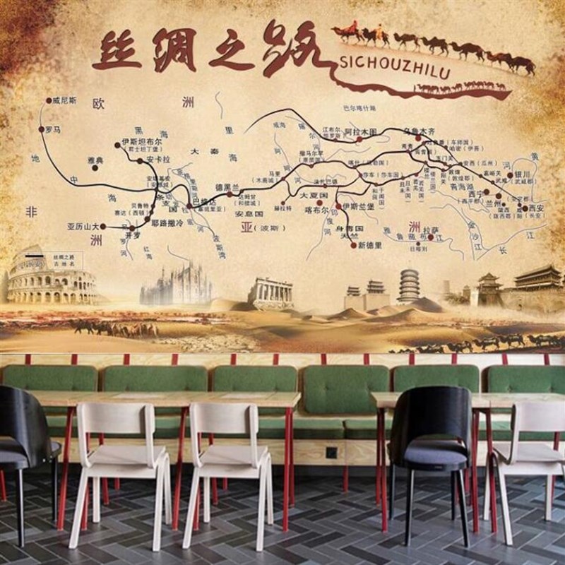 丝绸之路墙布g定制壁画 丝绸之路壁纸壁布 丝绸之路茶室壁画
