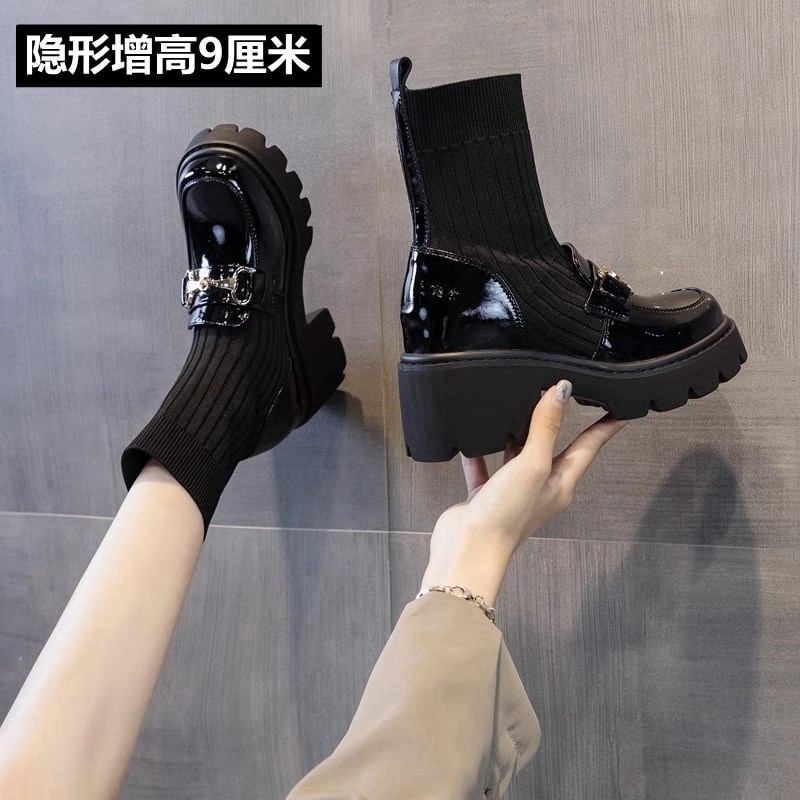 内增高弹力马丁靴女新款9cm漆皮玛丽珍乐福鞋粗跟小皮鞋袜靴短靴