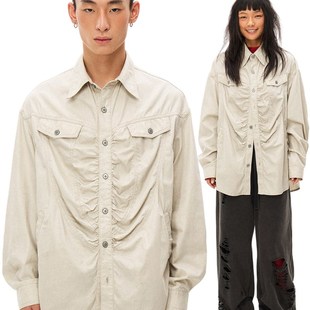 物理少年泛黄日记本成衣洗褪工艺薄牛仔4.4oz抽皱长袖衬衫