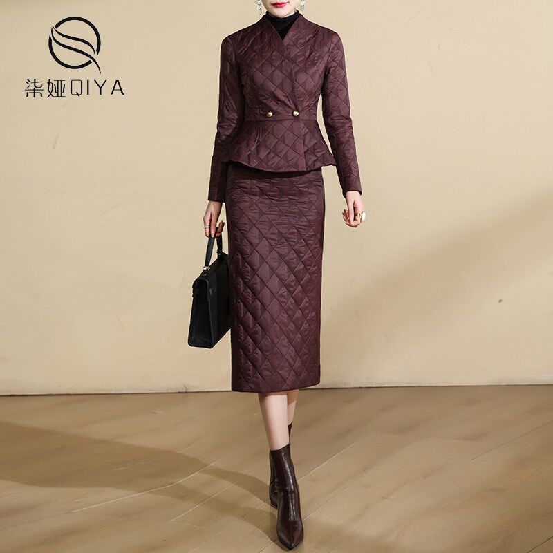 暗红色时尚棉服套k装女冬季2024年新款气质高级感加厚棉衣两件套
