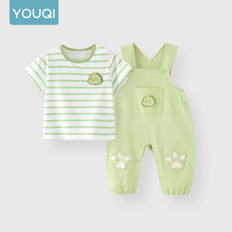 优奇婴儿背带裤宝宝秋装新款连体衣春秋秋季外出服小月龄外出套装