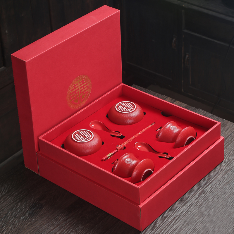 结婚敬茶杯茶具茶碗套装改口敬茶碗喜庆红色盖碗茶杯一对喜碗对碗