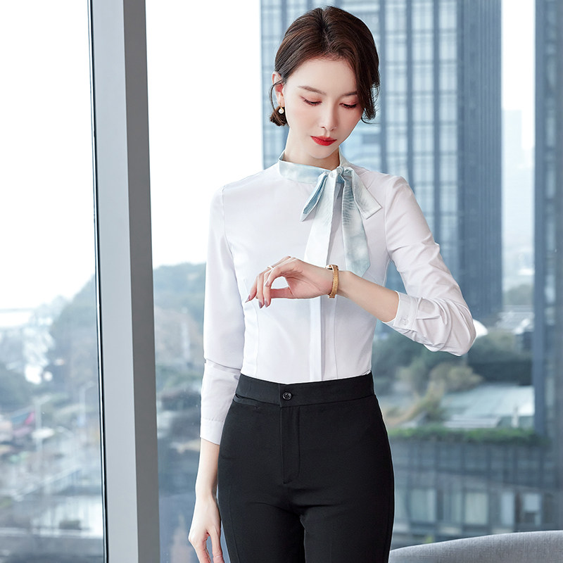 春秋长袖衬衫女气质酒店餐饮前台工作服套裙O丝巾领衬衣职业套装