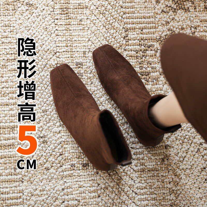 内增高方头短靴女秋冬加绒法式小踝靴小个子绒面瘦瘦靴棕色马丁靴