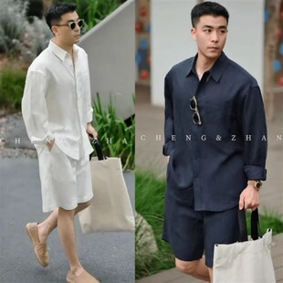 夏天清凉时尚套装男士通勤净版莱赛尔透气宽松亚麻衬衫男式一整套