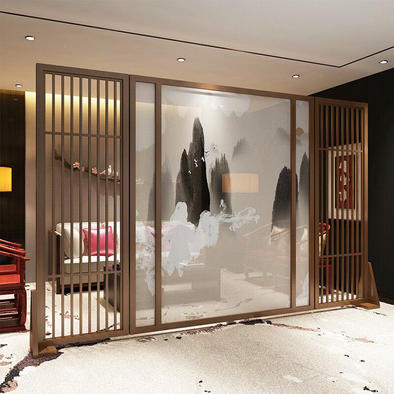 现代实木个性屏风定制隔断客厅玄关茶G楼办公座屏半透纱质镂空屏