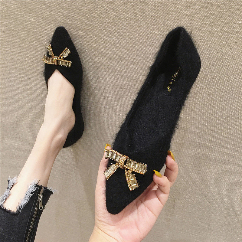 尖头毛毛鞋女外穿秋冬款貂毛女鞋加绒保暖平底单鞋大尺码棉鞋41一