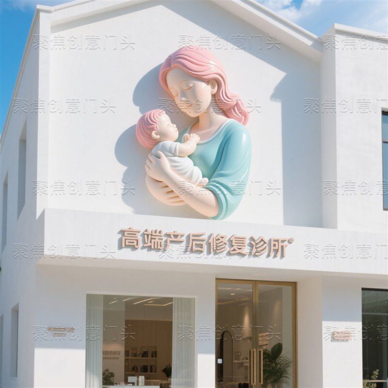 玻璃钢雕塑定制彩绘浮雕母子月子中心母婴店立体门头卡通天使美陈