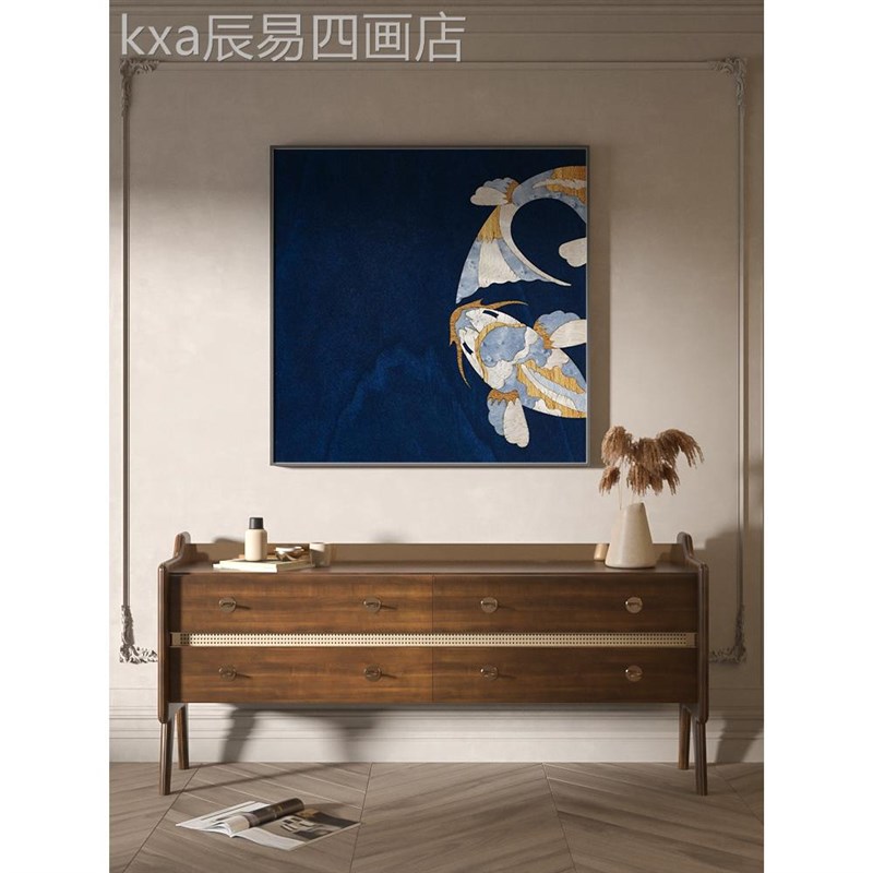 网红鱼深玄蓝色画系装饰意画新式客D厅挂背景墙入中户鲤关寓好的
