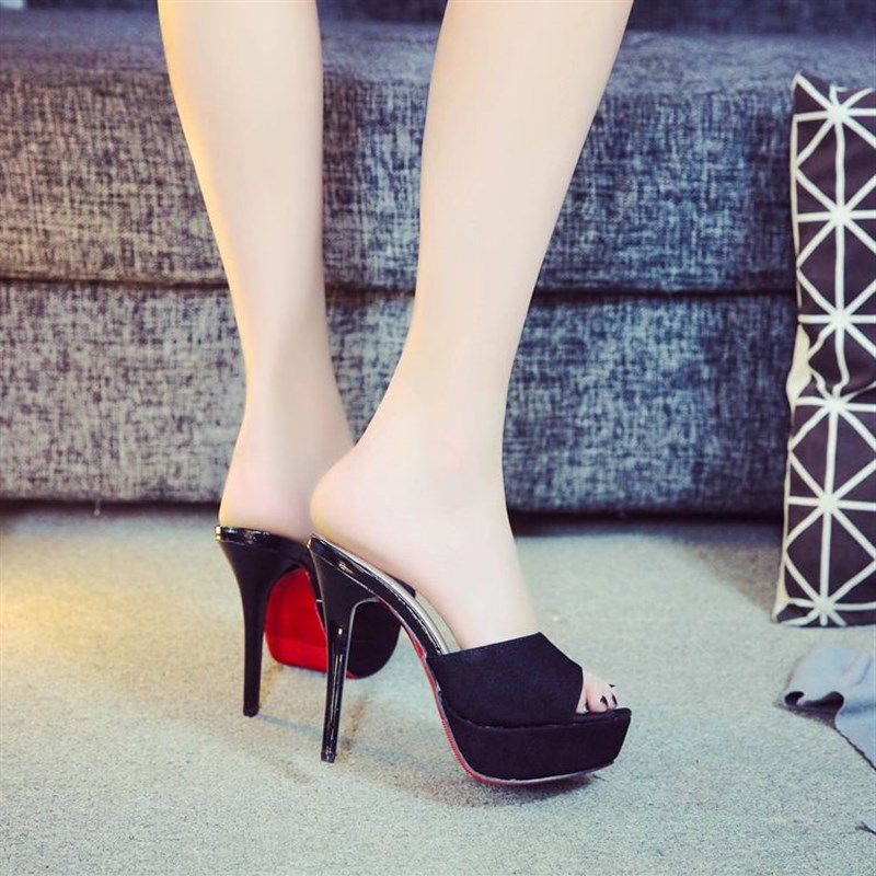 2024夏季女凉拖鱼嘴一字拖白黑色试衣鞋高跟拖鞋细跟工作鞋12cm