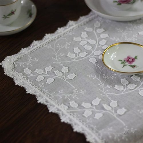 Retro手工法式绣花纯棉餐垫餐巾白色铃兰花蕾丝桌布盖巾台布茶几