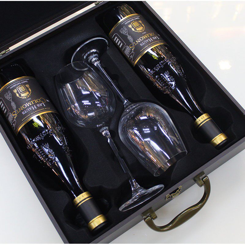 新款带杯红酒礼盒包装盒高档单双瓶红酒木盒子2支装葡萄酒箱定制