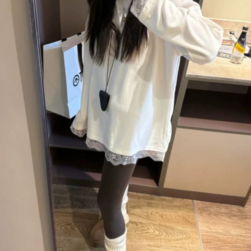打底裤CP!韩代@e*g蕾丝花边拼接双面磨毛中长款打底衫遮屁股内搭