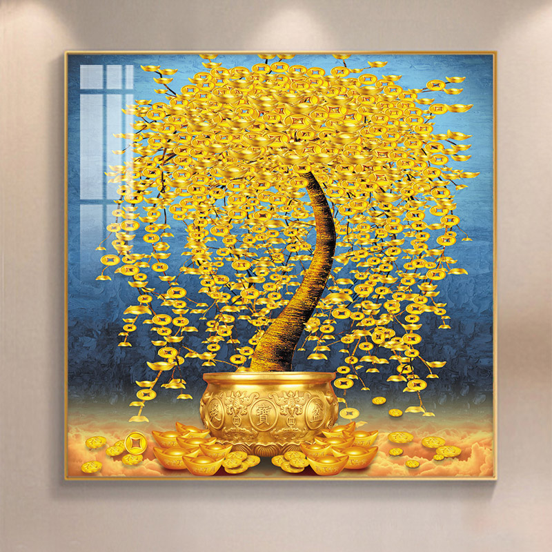 发财树画新中式招财旺宅聚宝盆电表箱装饰摇钱树金色挂画图片