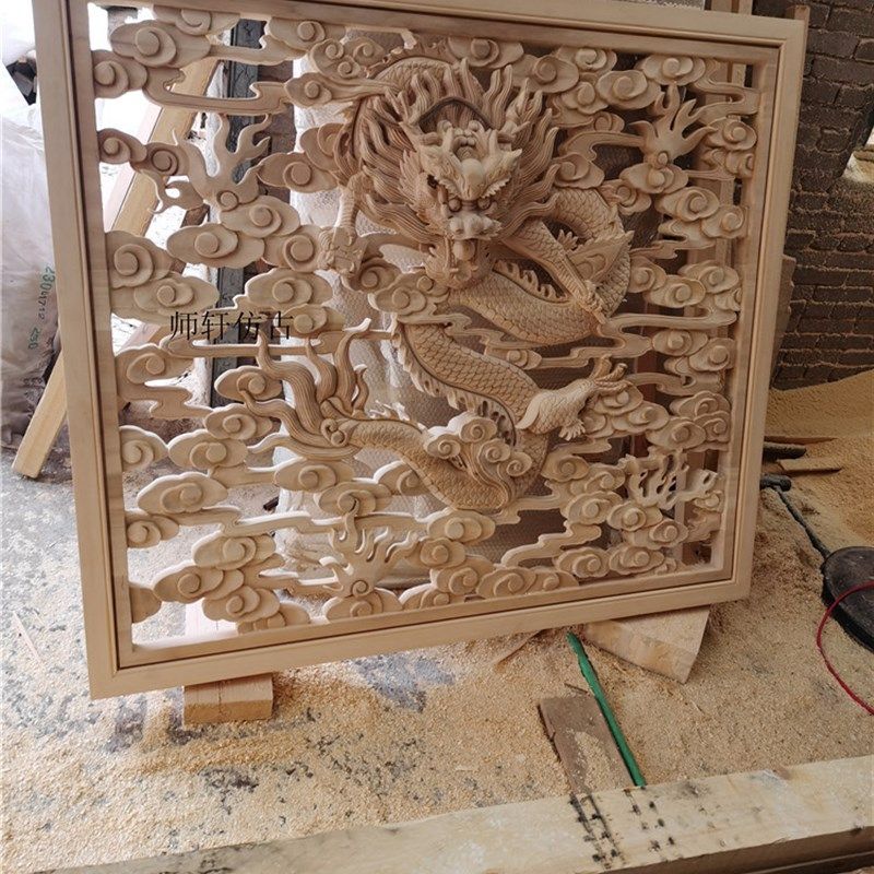 东阳木雕单龙祥云麒麟立体雕刻背景墙隔断屏风壁饰中式实木定制,家居饰品,木雕,淘宝优惠券,粉丝福利购,淘宝优惠卷