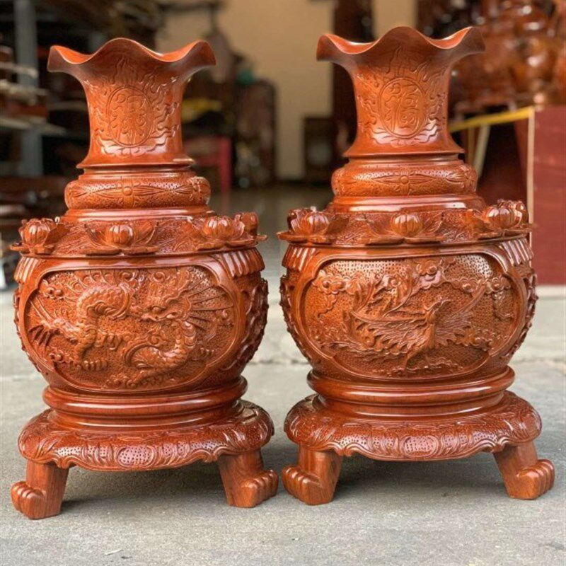 花梨木 花瓶 龙m凤呈祥花瓶 红木工艺品花瓶木雕摆件