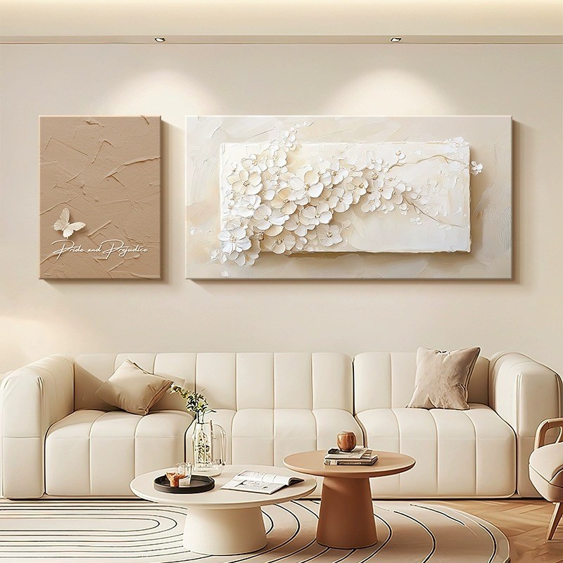 法式奶油风客厅装饰画高级感花卉沙发背景墙挂画立体浮雕大气壁画图片