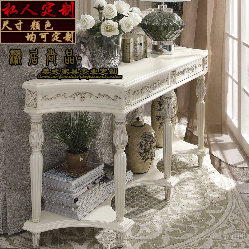 美式实木玄关柜白色做旧客厅靠墙装饰F桌边桌玄关台入户玄关桌定