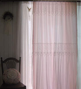 蕾丝帘纱帘 饰粉色双层窗帘 韩国定制 优静珠链蕾丝装
