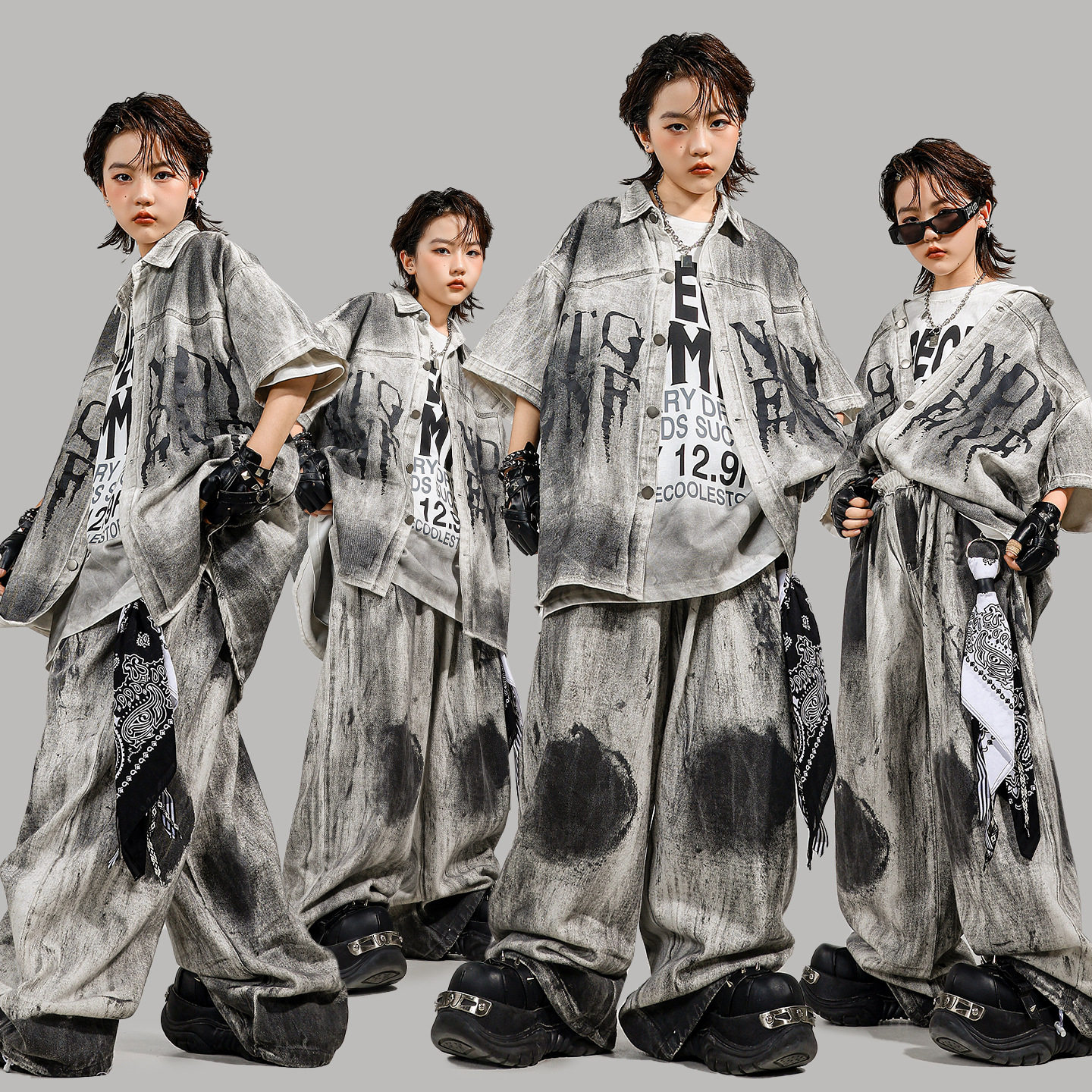儿童街舞潮服男童宽松衬衫演出服嘻哈风酷帅hiphop女童舞蹈表演服