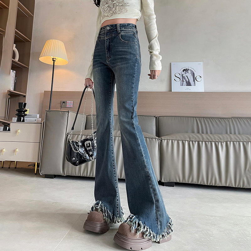 微喇牛仔裤女春秋年新款显毛边流