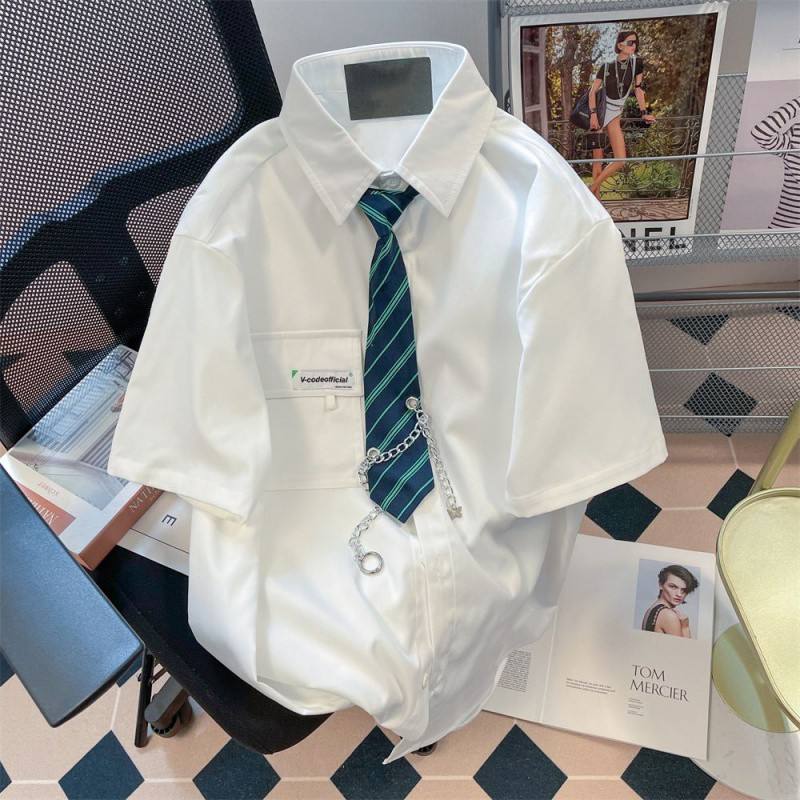 夏季日系复古学院风正肩领带衬衫