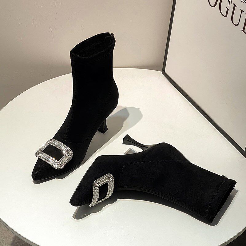 网红时装瘦瘦靴短靴女高跟黑色尖头细跟水钻法式百搭高级感弹力靴