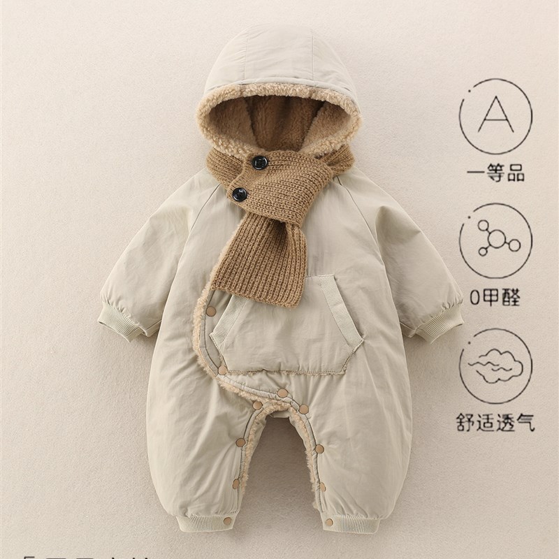 男宝宝秋冬外出服2025新款连帽连体加绒防风衣婴儿洋W气小少爷抱
