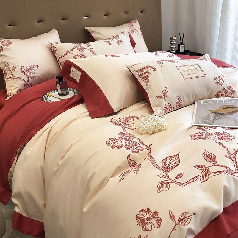 浪漫婚庆100支长绒棉四件套花鸟刺绣全棉被套结婚床上用品