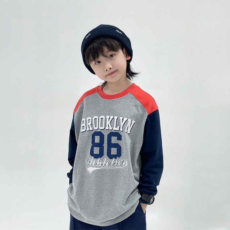 2024春款男童美式棒球数字印花长袖T恤儿童宽松撞色拼接打底衫潮