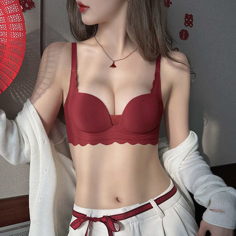 红色内衣女本命年龙套装小胸w聚拢加厚显大上托收副乳文胸结婚新