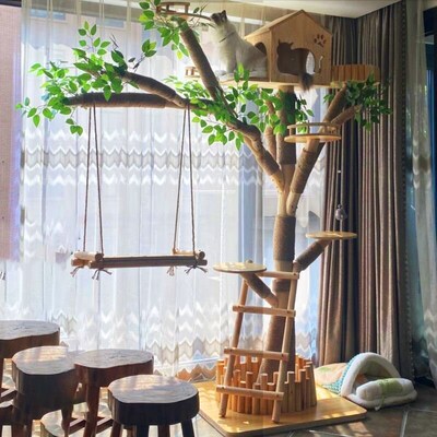 猫爬架耐磨不粘毛原木实心树干大型猫窝网红猫爬树宠物跳台一体