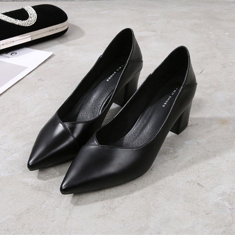 5厘米黑色高跟鞋女粗跟职业鞋软皮工作尖头中跟一脚磴懒人单鞋子