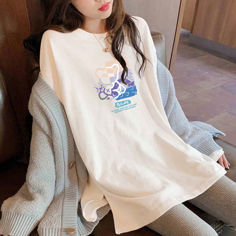 中长款白色长袖t恤女2025春秋冬新款别致开叉加厚磨毛打底衫