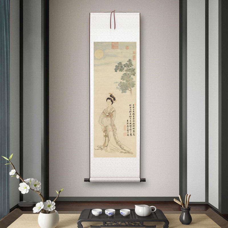 明唐寅《b嫦娥奔月》客厅书房茶室人物装饰挂画玄关高清卷轴字画