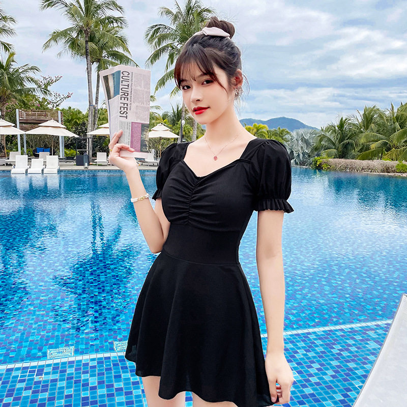 黑色连体泳衣女保守遮肚显瘦高级感泡温I泉学生度假海边时尚游泳