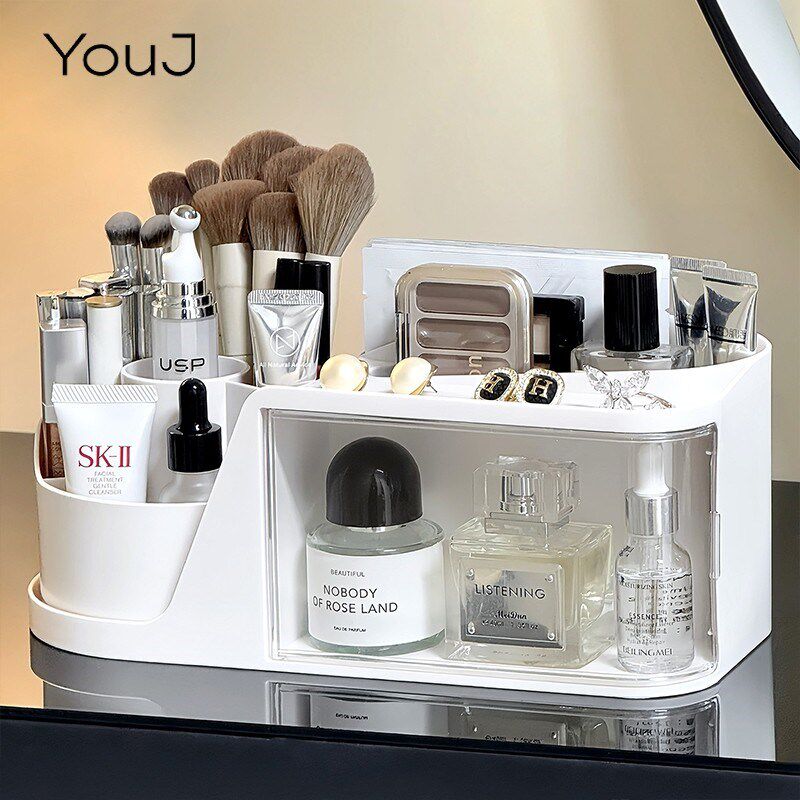 桌面化妆品收纳盒高级感大容量z防尘化妆刷口红抽屉式旋转置物架