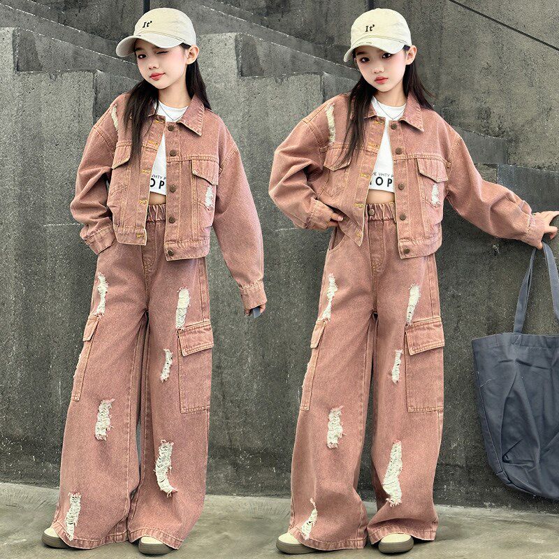 女大童牛仔套装2024秋季新款儿童洋气韩版破洞直筒长裤两件套秋装