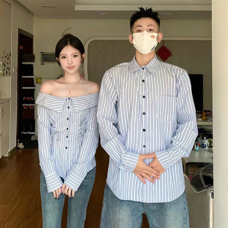 小众设计感情侣装j2024秋装条纹露肩长袖衬衫韩版气质翻边别致衬