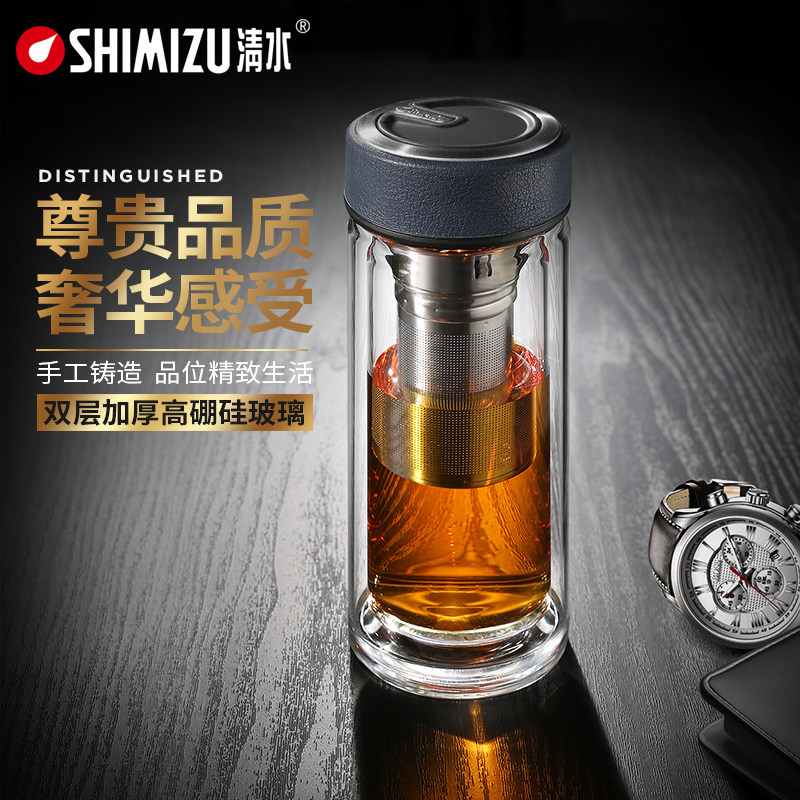 清水双层玻璃杯家用商务透明水杯礼盒C装加长版过滤网泡茶杯子801