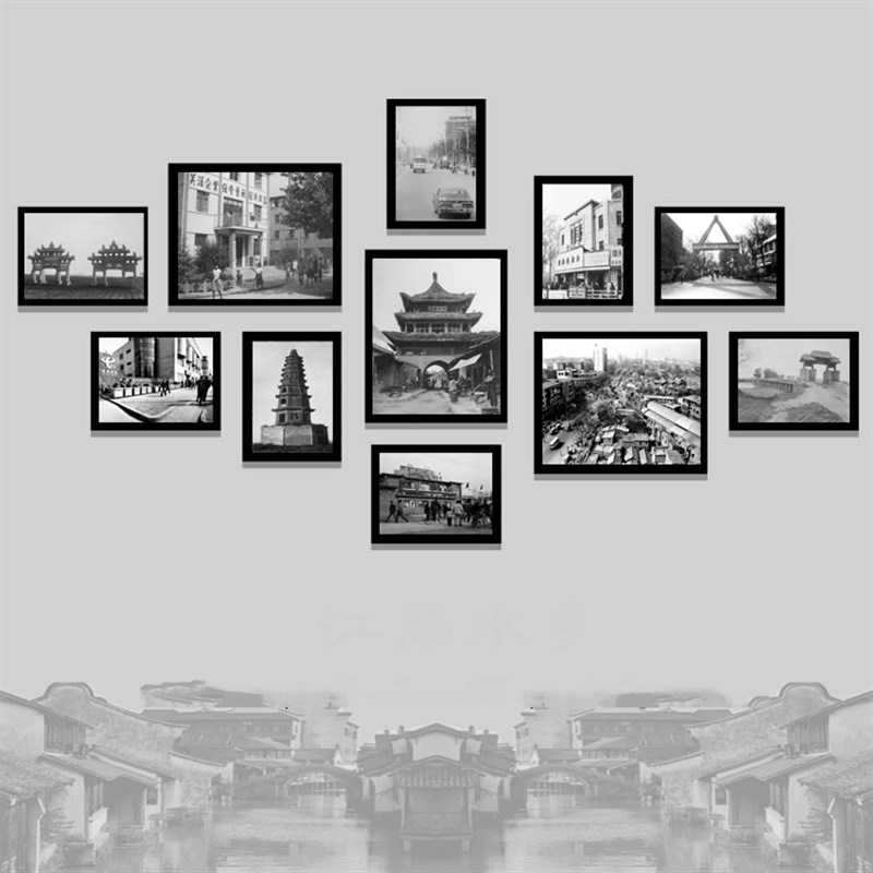 陕西西安建筑老照片墙饭店包厢餐饮装饰画咸阳酒店餐厅挂画墙壁画图片
