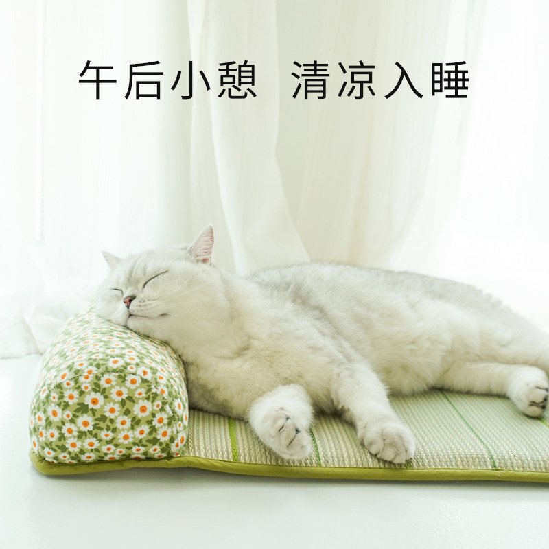 宠物猫咪凉席垫i子猫窝猫睡觉降温凉垫夏天蔺草地垫狗狗床冰垫草