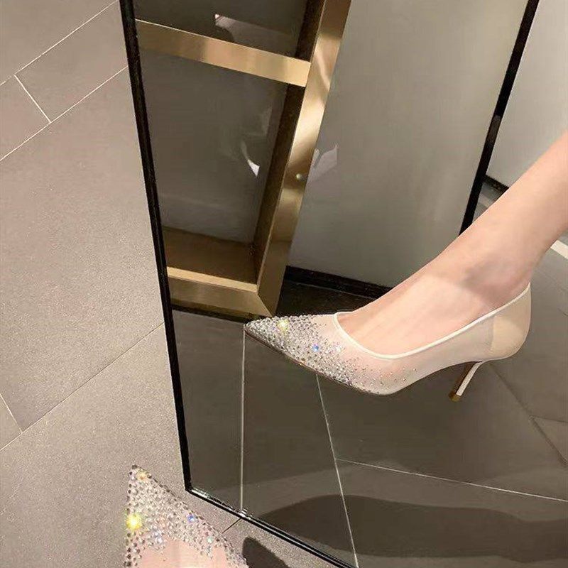 尖头网纱水钻细跟高跟鞋2025新款伴娘晚宴婚鞋女法式蕾丝水晶单鞋,女鞋,婚鞋,淘宝优惠券,粉丝福利购,淘宝优惠卷