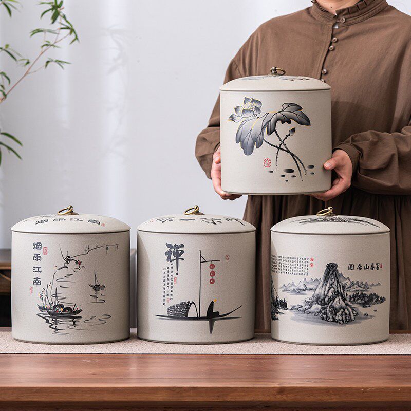 粗陶茶叶罐普洱七子饼福鼎白茶饼存储G茶罐特大号密封茶叶醒茶空