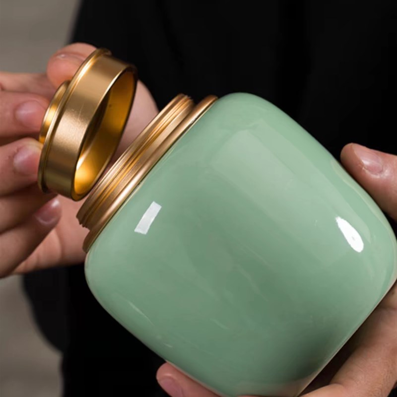 陶瓷密封存茶罐i家用青瓷茶叶罐防潮金属盖茶仓空罐包装礼盒定制